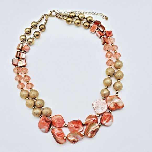 Mother Of Pearl Necklace Coral Double Strand Gold Tone Colorful Statement - Picture 5 of 9